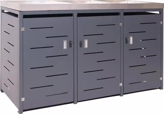 Copertura per 3 bidoni della spazzatura MCW-H40, box per bidoni della spazzatura, fioriera combinata in acciaio inossidabile e metallo 78 kg 125x198x84 cm espandibile