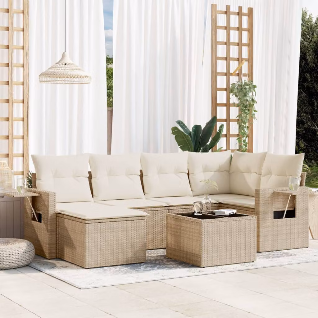 vidaXL Set Divani da Giardino 7 pz in Polyrattan con Cuscini Beige e Tavolino da Esterno – 1