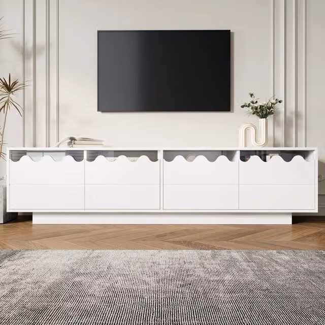 Mobile TV Mivray bianco con 4 ante e ripiani in vetro temperato, L 170 cm x P 40 cm x H 45 cm