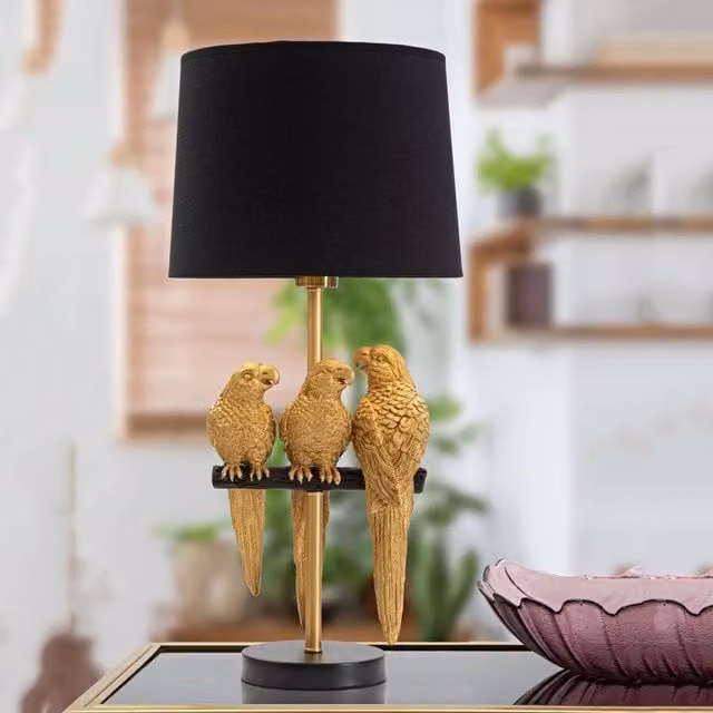 Lampada da Tavolo Decorativa con Pappagalli in Metallo e Tessuto, Oro e Nero – 1