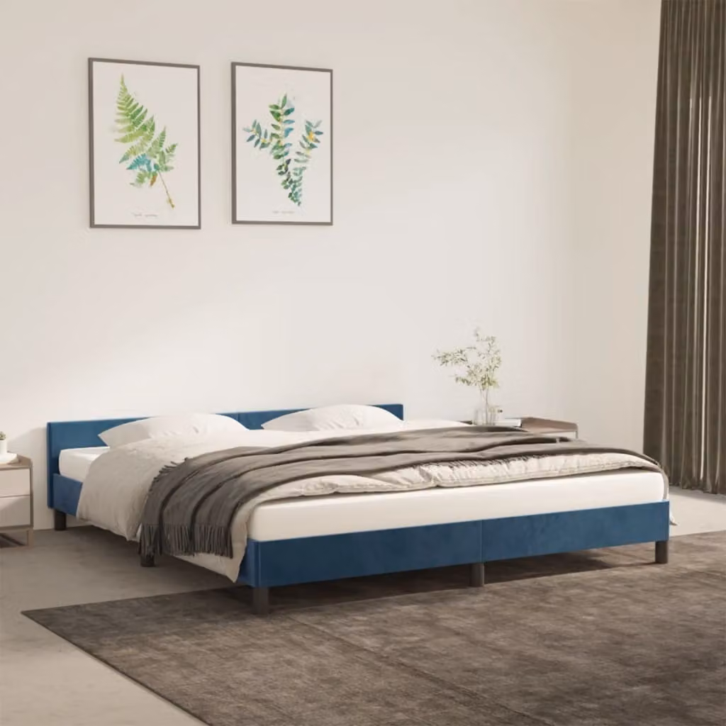 The Living Store Struttura letto con testiera in velluto blu scuro 180x200 cm