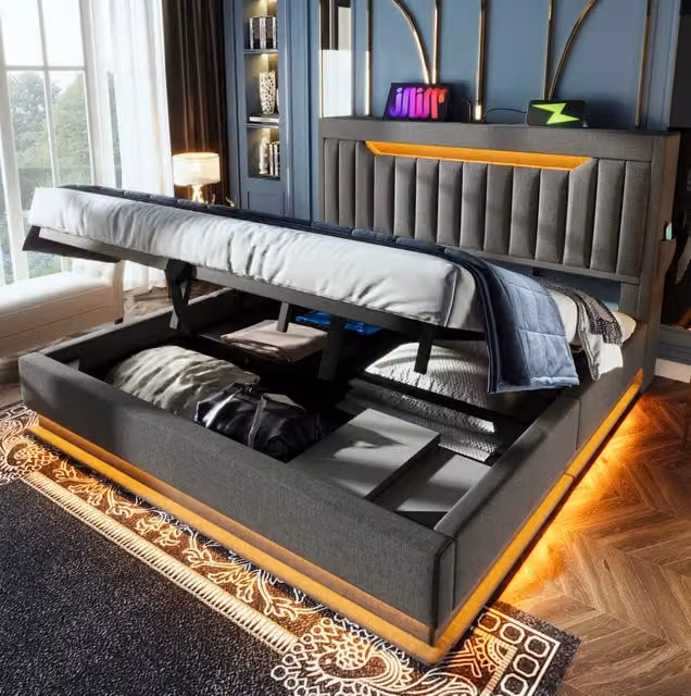 Letto matrimoniale 140x200 cm con contenitore idraulico; LED e porte USB; rivestimento grigio