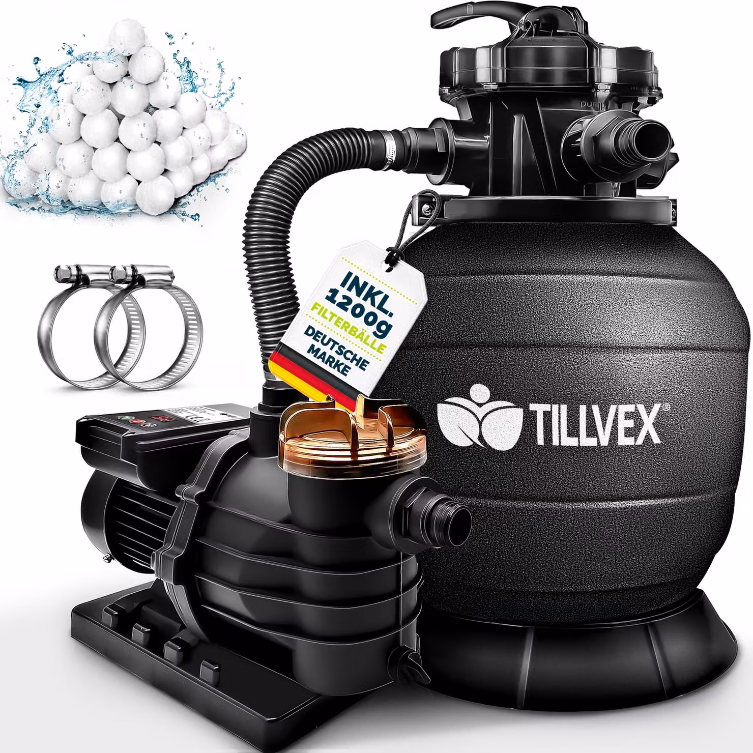 Impianto di filtrazione a sabbia tillvex® per piscina con timer, nero, da 13.200 l/h a 40.000 l + 1200 g di sfere filtranti | Impianto di filtrazione con valvola a 7 vie e adattatore 2 in 1 Ø 32-38 mm | Filtro per piscina autoaspirante | Filtro a sabbia p
