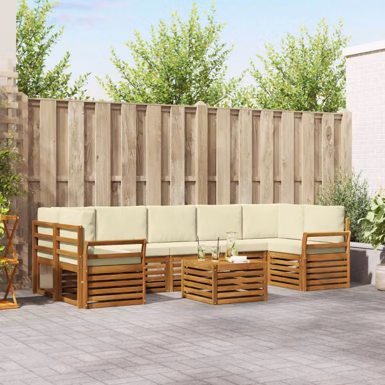 Set di divani da esterno vidaXL 8 pz in legno di acacia con tavolo da caffè e cuscini, forma a L, beige e bianco