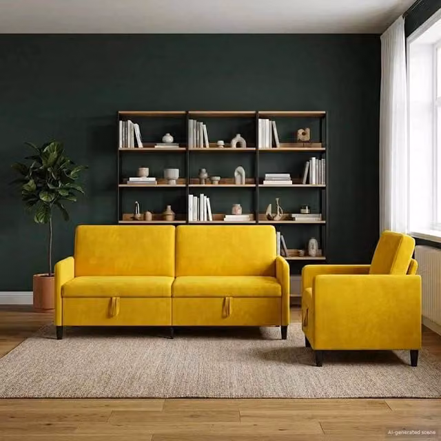 Set di divani moderni vidaXL con contenitore a sollevamento, composto da divano a 3 posti e poltrona, colore giallo e nero, rivestimento in tessuto con coperture rimovibili – 1