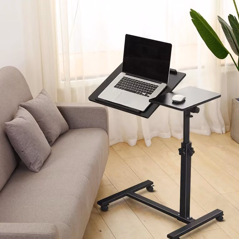 Tavolino per laptop su ruote - Tavolino da letto/da sopra il letto - Regolabile in altezza da 65 a 95 cm - Piano inclinabile - A forma di L - Nero