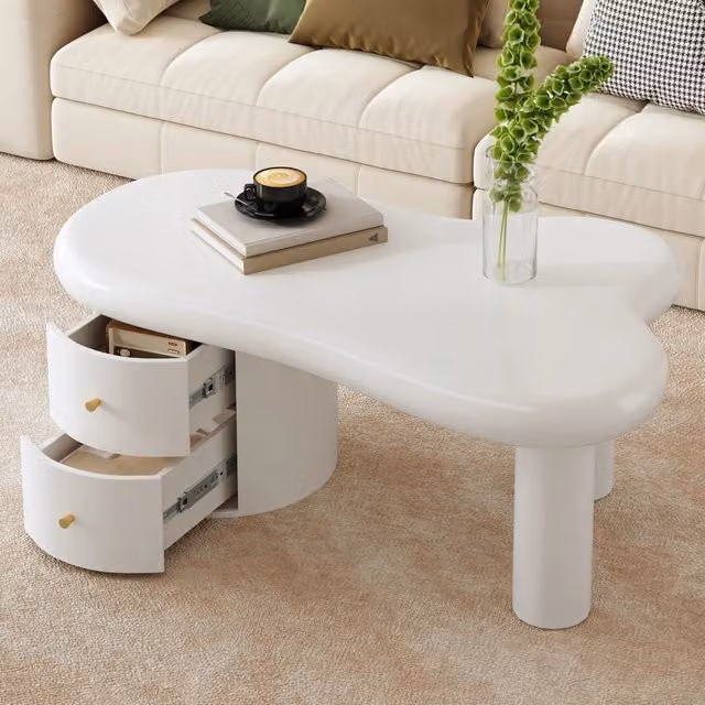 Tavolino basso fisso dalla forma irregolare con 2 cassetti in MDF bianco per soggiorno 97 × 64 × 42 cm