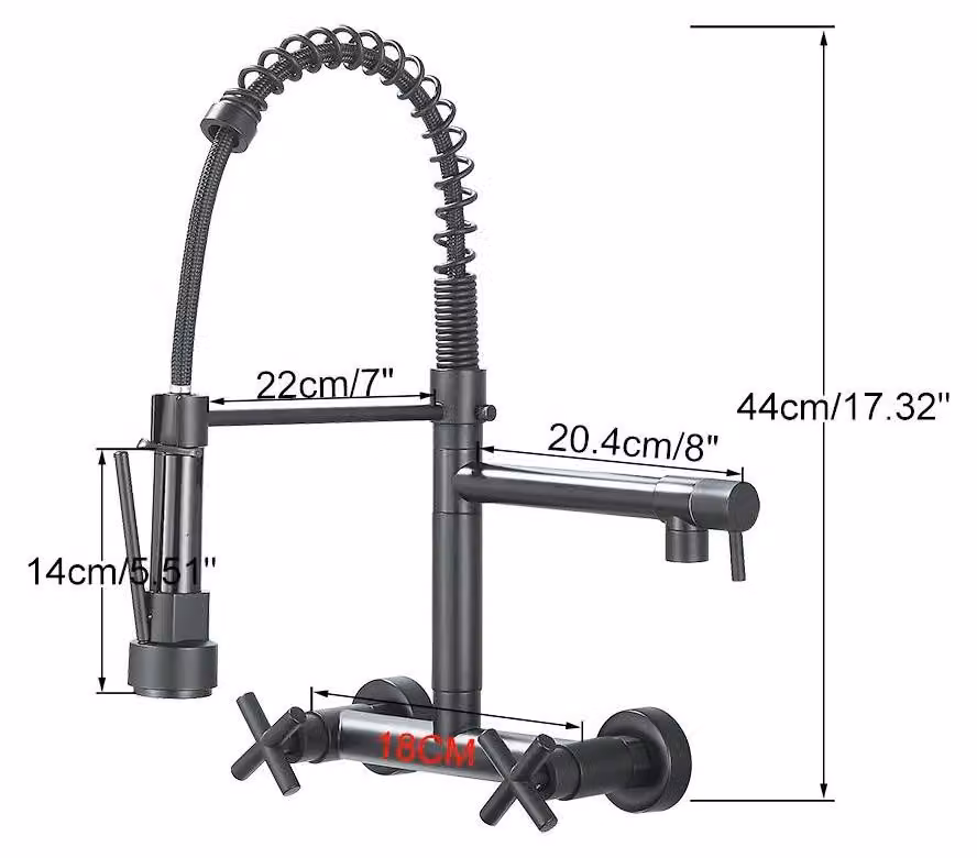 Miscelatore per lavello da cucina – Montaggio a parete – Girevole a 360° – Miscelatore a due manopole – Doccetta laterale – Adatto per acqua calda e fredda – Nero con supporto