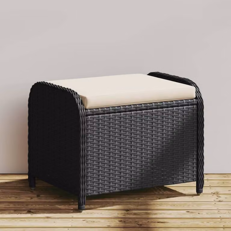 Sgabello da giardino vidaXL in polyrattan nero con cuscino L: 58 cm, P: 46 cm, H: 46 cm