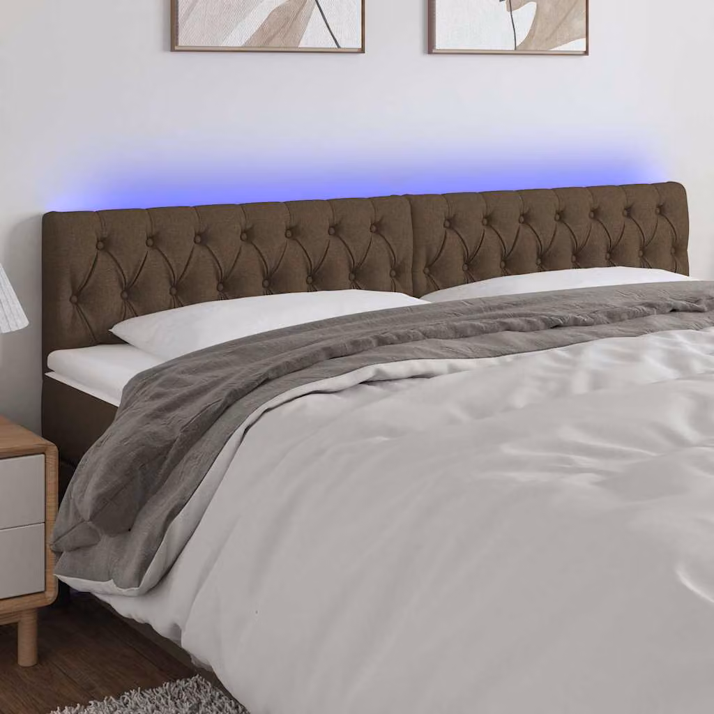 Testiera per letto vidaXL in tessuto marrone con illuminazione LED e porta di ricarica USB, L: 180 cm, P: 7 cm, H: 78-88 cm