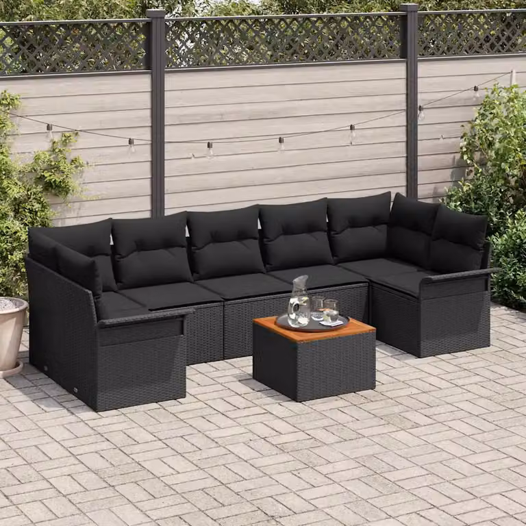 Set Divano da Giardino vidaXL a Forma di L con 8 Posti, Colore Nero, con Tavolino e Contenitore per Cuscini