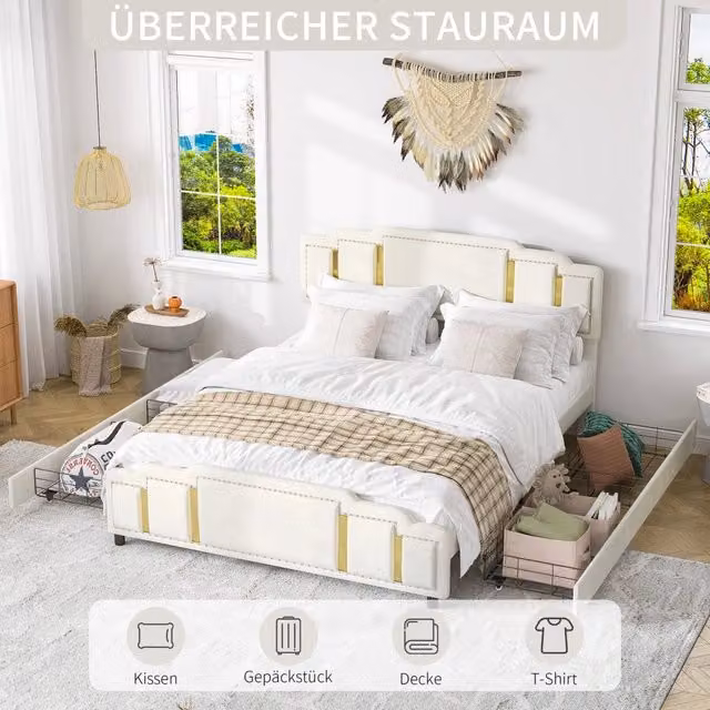 Letto Mivray con cassetti e illuminazione LED a 7 colori, rivestito in velluto beige, con porte USB, L/P: 160 x 200 cm