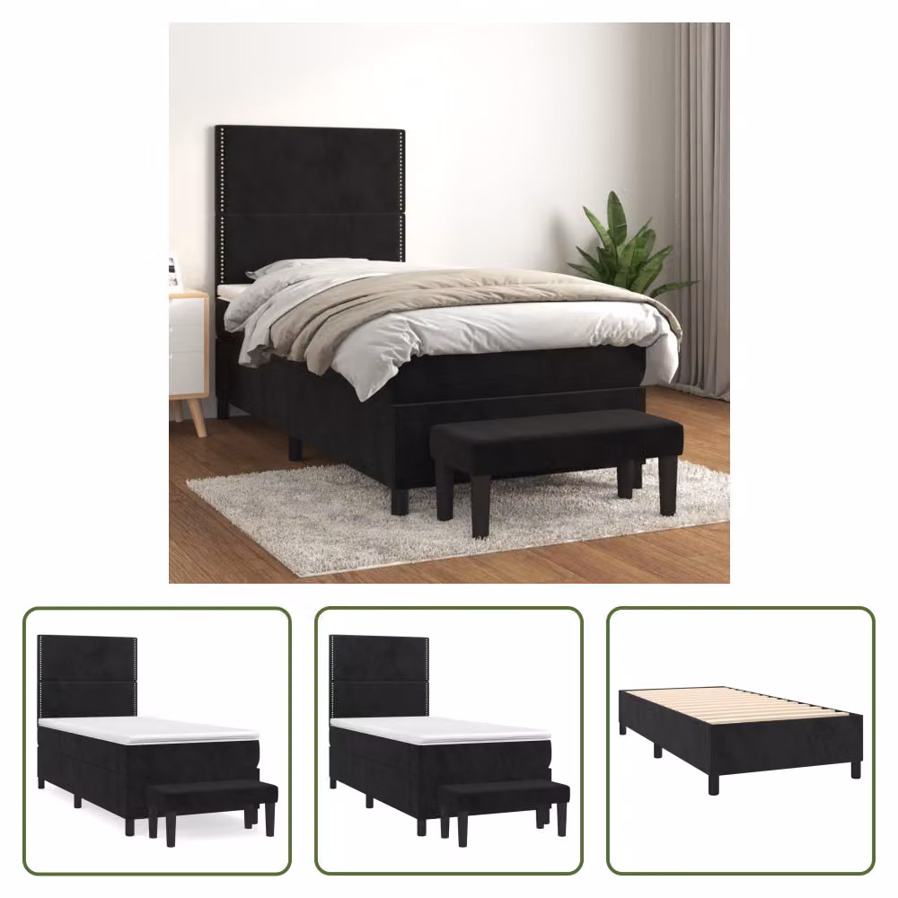 The Living Store Letto a molle con materasso nero 90x200 cm in velluto