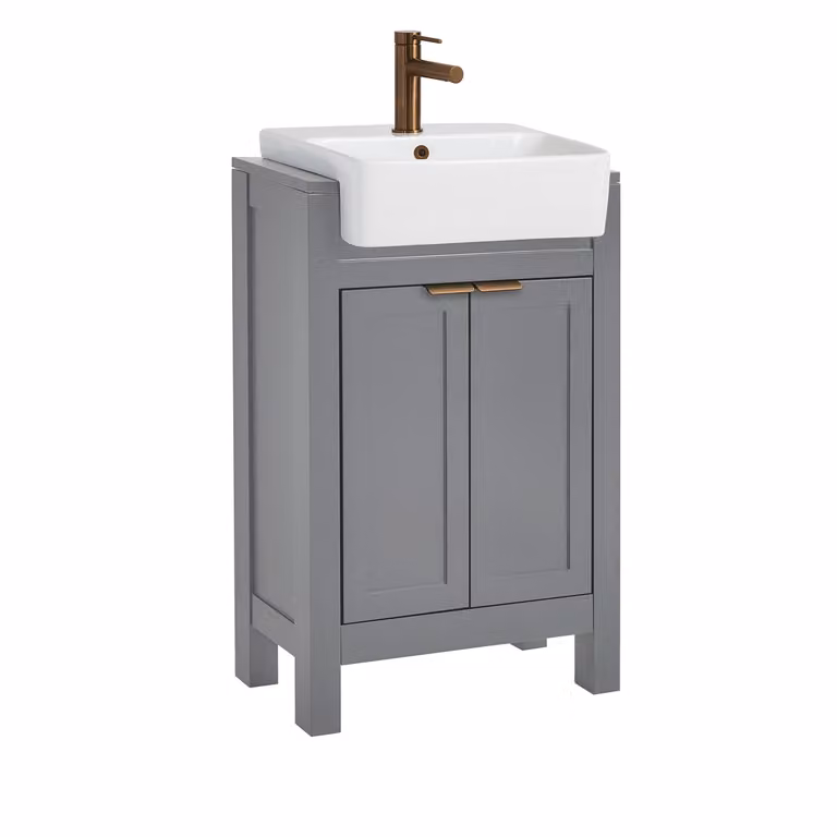 Mobile Bagno Grigio Chiaro da 550mm con Lavabo e Maniglia Moderna con Impugnatura a Dito in Rame Satinato - Warwick