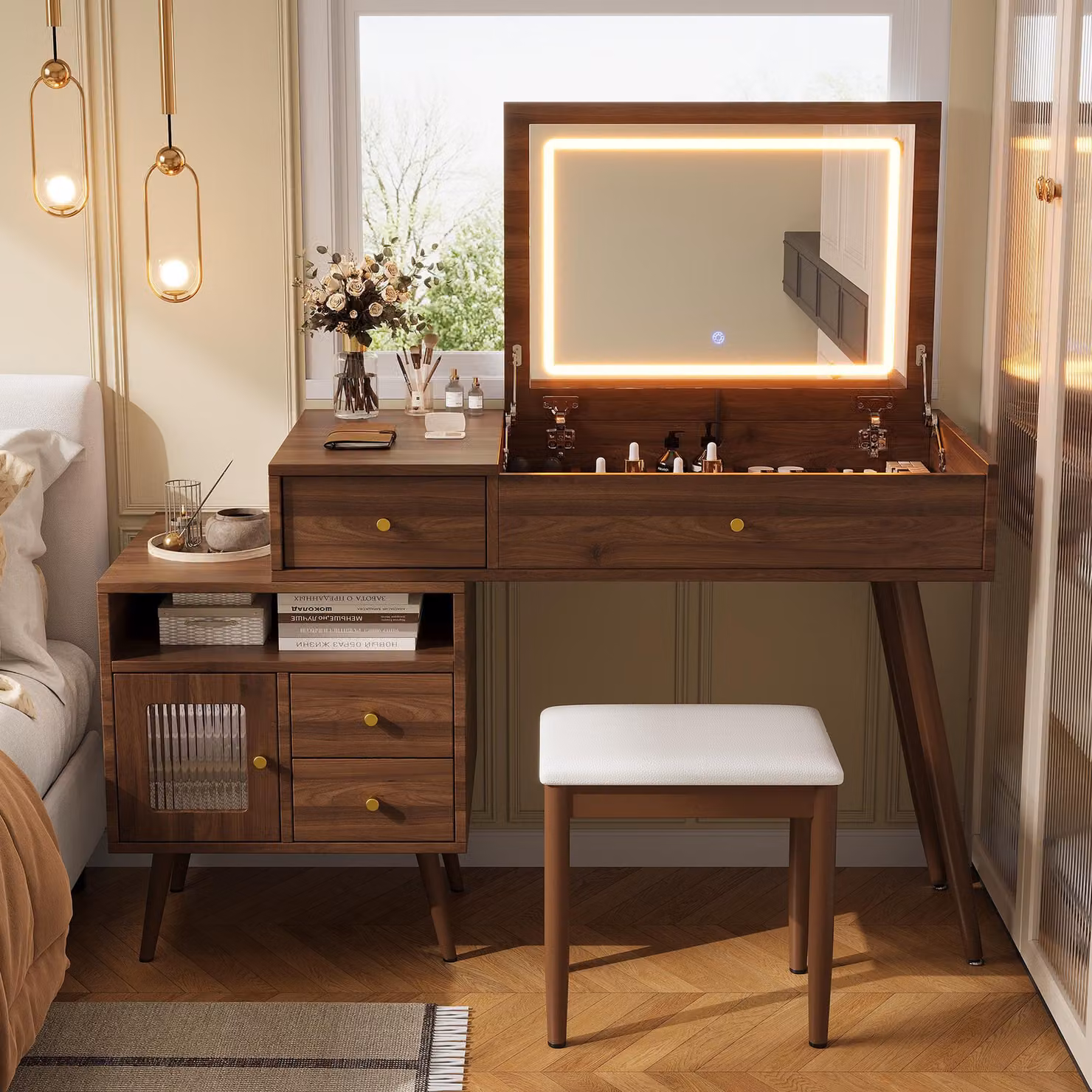 Toeletta Merax con specchio ribaltabile a LED con 3 tonalità di luce, tavolino da trucco 2 in 1, scrivania con sgabello, 3 cassetti, comò da trucco, noce