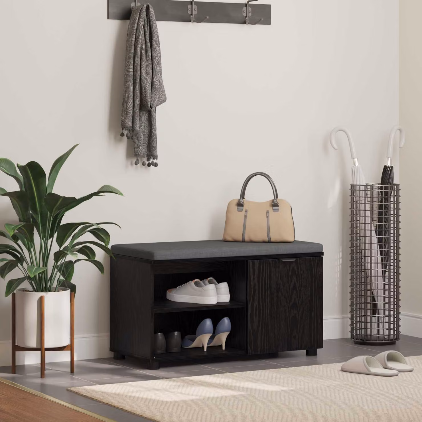 vidaXL Panca per ingresso con scarpiera e cuscino, Rovere Nero, L 80 x P 38 x H 46 cm