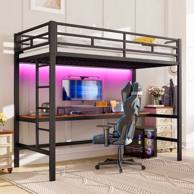 Letto a soppalco per bambini 90 × 200 cm con scrivania, LED a 7 colori, USB e Type-C, senza materasso, nero