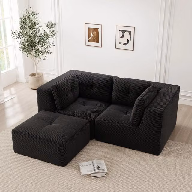Divano angolare modulare in corduroy nero 208x177x69 cm; senza montaggio