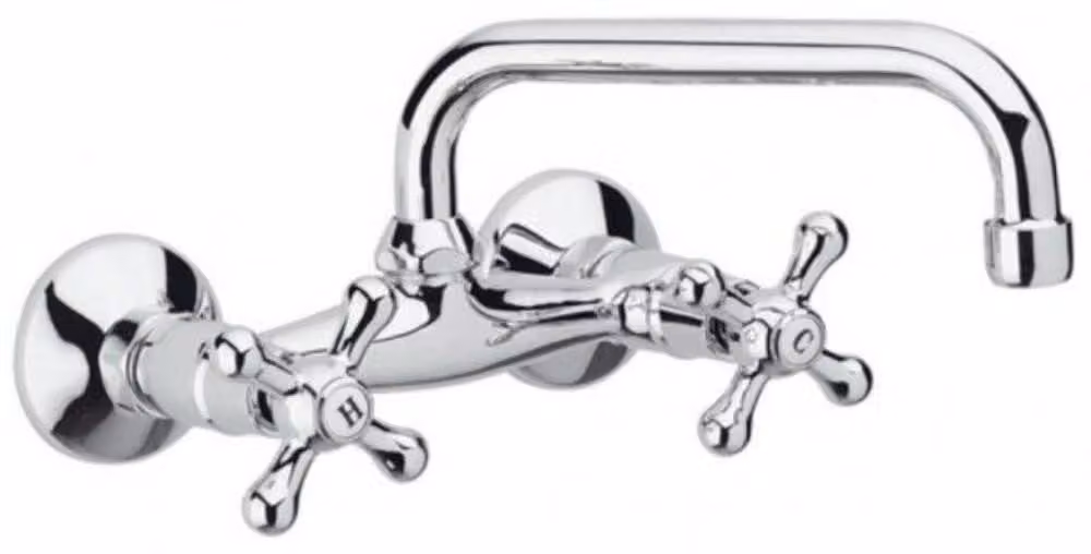Miscelatore da cucina a parete, con bocchetta a forma di "U", rotazione a 360°, cromato, in ottone, attacco 1/2"