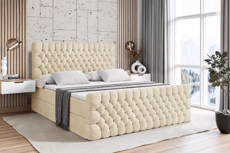 Letto boxspring ALTDECOR con pediera, materasso H3 e topper - 140 x 200 cm - SERENE-Z - Velluto beige - Letto imbottito con contenitore e rete a doghe, letto con spazio contenitivo
