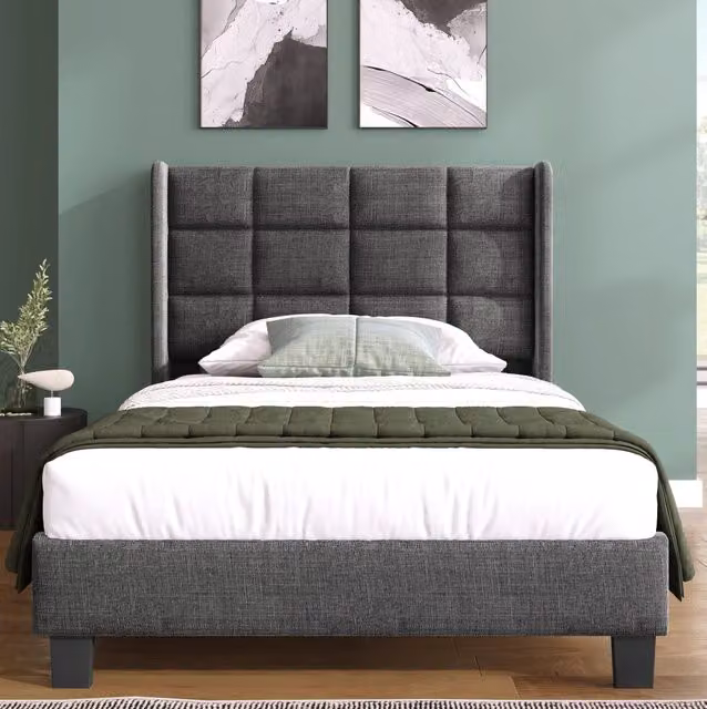 Letto singolo imbottito grigio 90x200 cm con rete a doghe e materasso a molle H3