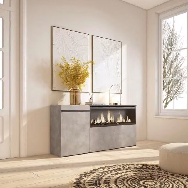 Credenza, Mobile, 158x35x75cm, 3 Porte, Camino elettrico XXL, grigio cemento RF3287