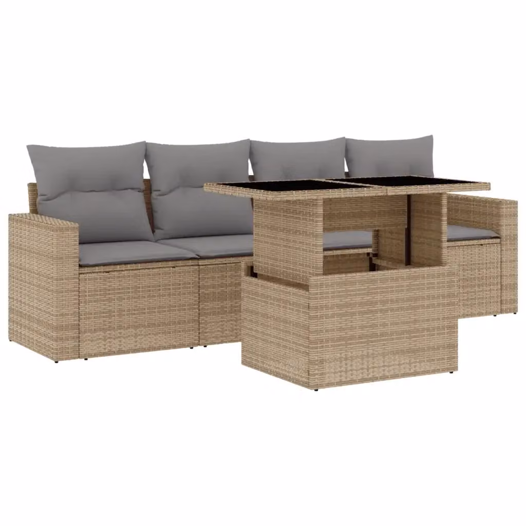 vidaXL Set Divano da Giardino 5 pz Moderno con Cuscini Beige e Tavolino in Metallo e Vetro per Terrazza e Giardino – 2