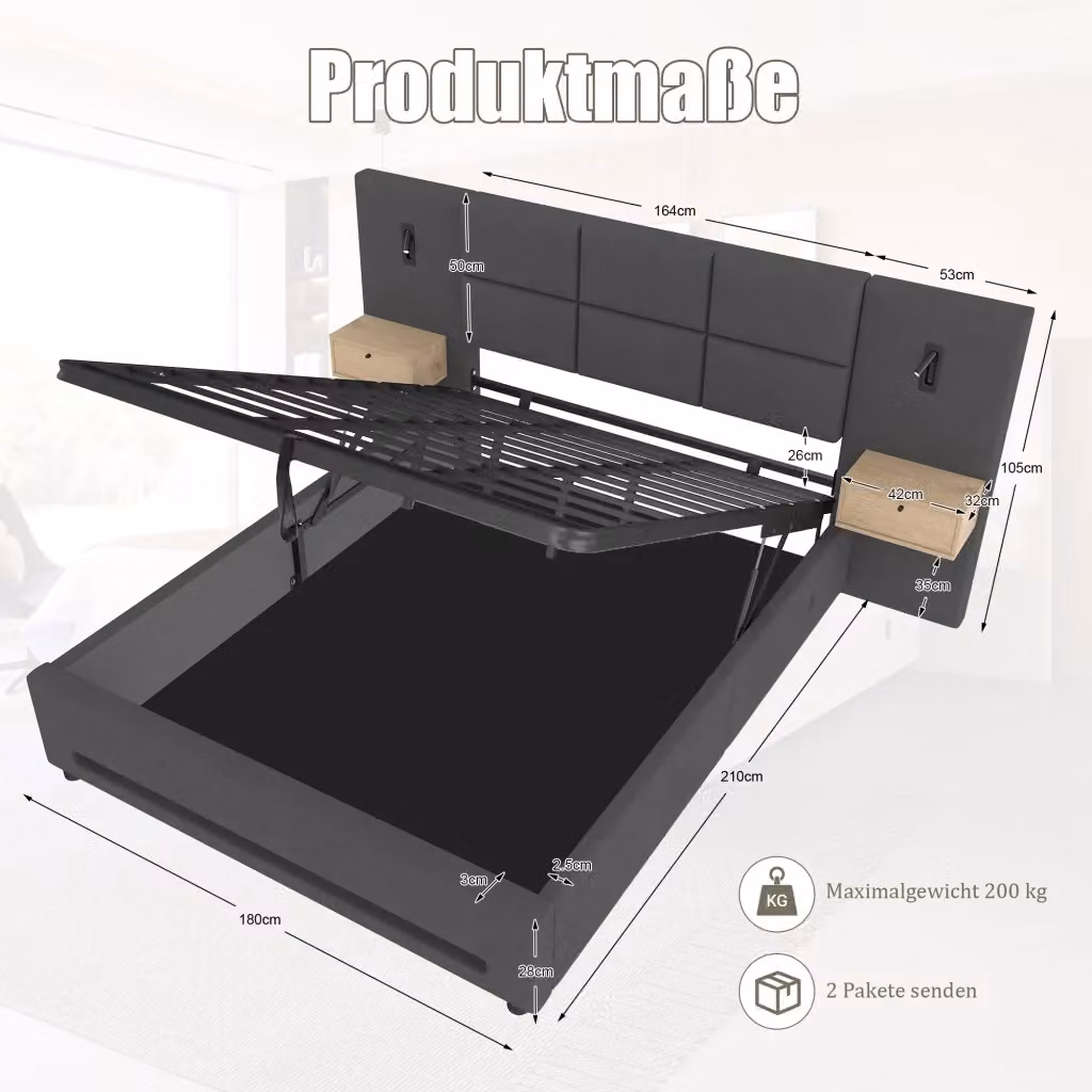 Letto matrimoniale imbottito CIPACHO in velluto grigio con base contenitore a sollevamento, porta USB, illuminazione sottostante e mensola laterale, L/P: 180 x 200 cm – 2