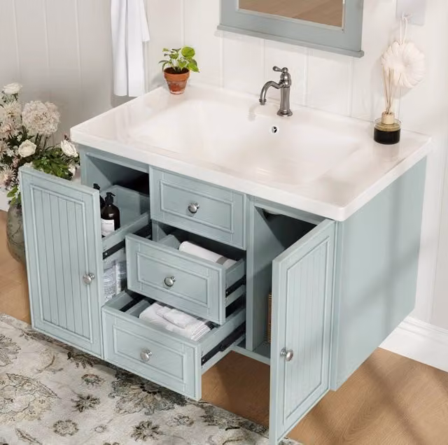 Mobile bagno sospeso verde con 3 cassetti e lavabo in ceramica 78,5x46x46,8 cm