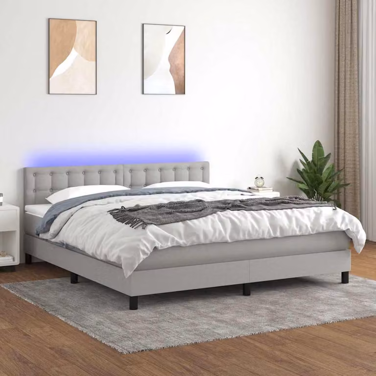 Letto a molle con materasso e illuminazione LED vidaXL in tessuto grigio chiaro e bianco, L/P/H: 180 x 200 cm