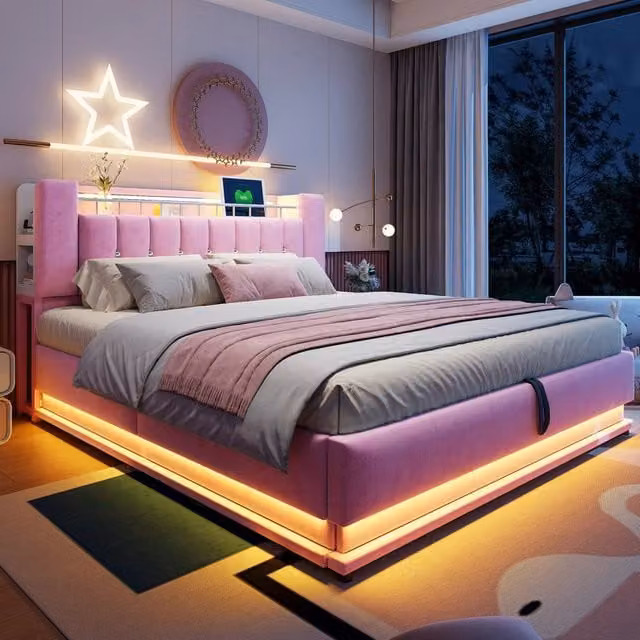 Letto contenitore matrimoniale OKWISH in velluto rosa con LED, porta USB e vano testiera, L/P: 180 x 200 cm