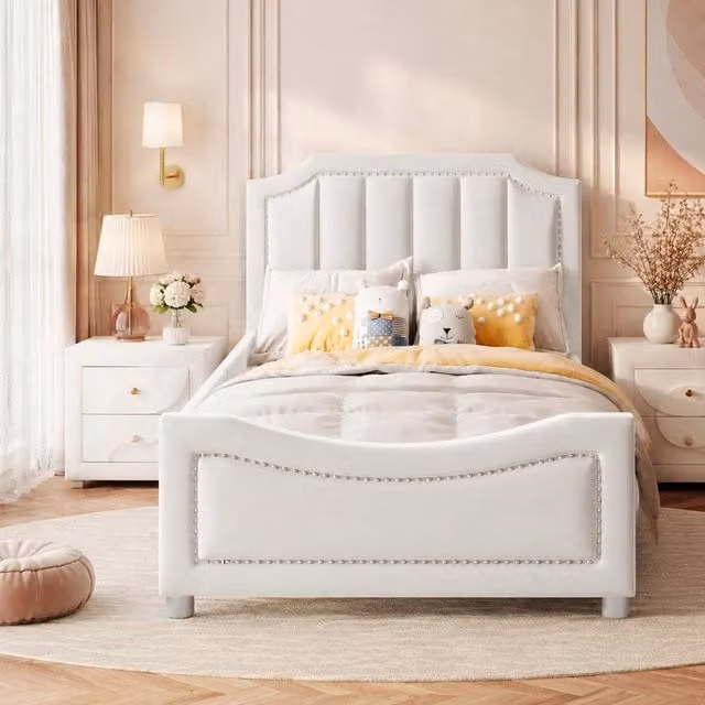 Letto imbottito per bambini MODFU in flanella beige e bianco con rete a doghe L: 211 cm, P: 94,5 cm, H: 41,5 cm