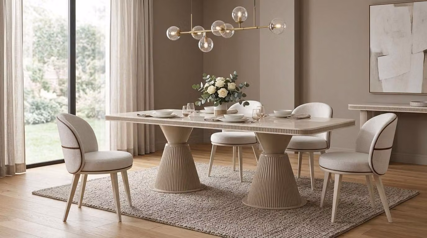 Set da pranzo beige con tavolo rettangolare e sedie, mobili di design