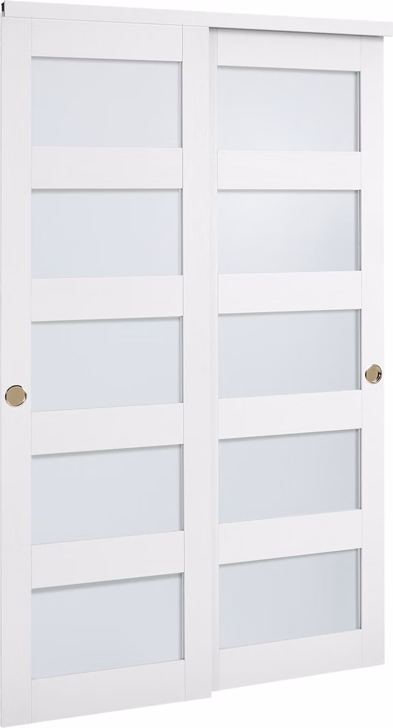 SucceBuy porta scorrevole 1219 mm x 2032 mm (adatta alle dimensioni di apertura), porte scorrevoli bypass in vetro satinato con set di accessori, pannello in legno massiccio e MDF con rivestimento in PVC idrorepellente per armadi Bianco