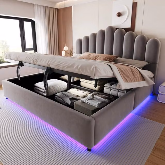 Letto imbottito 180 x 200 cm con contenitore idraulico, striscia LED, testiera unica voluminosa e comoda, rete a doghe stabile, velluto Grigio
