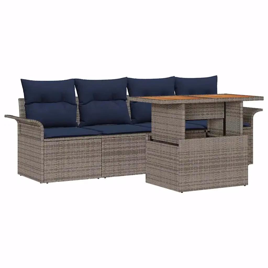 Set da giardino vidaXL composto da divano a 2 posti e tavolino da caffè in legno di acacia e metallo con cuscini grigi e blu navy – 2