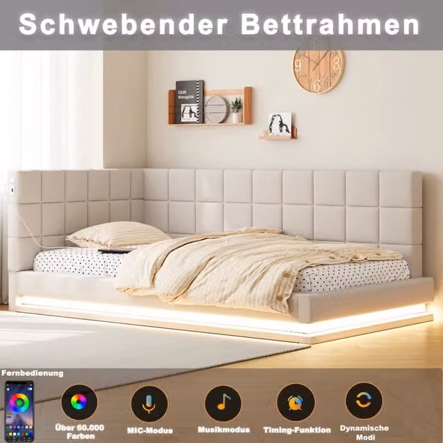 Letto imbottito trasformabile REDOM beige con illuminazione LED e porta USB L/P/H: 90 x 200 cm – 1