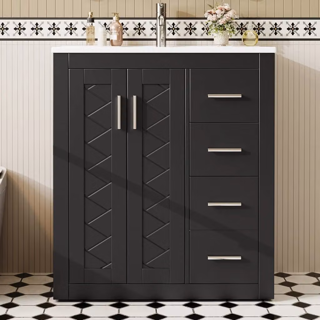 Mobile bagno moderno nero con 2 ante e 3 cassetti, lavabo integrato in ceramica e finitura laccata, L: 76 cm, P: 46.5 cm, H: 85.5 cm – 2