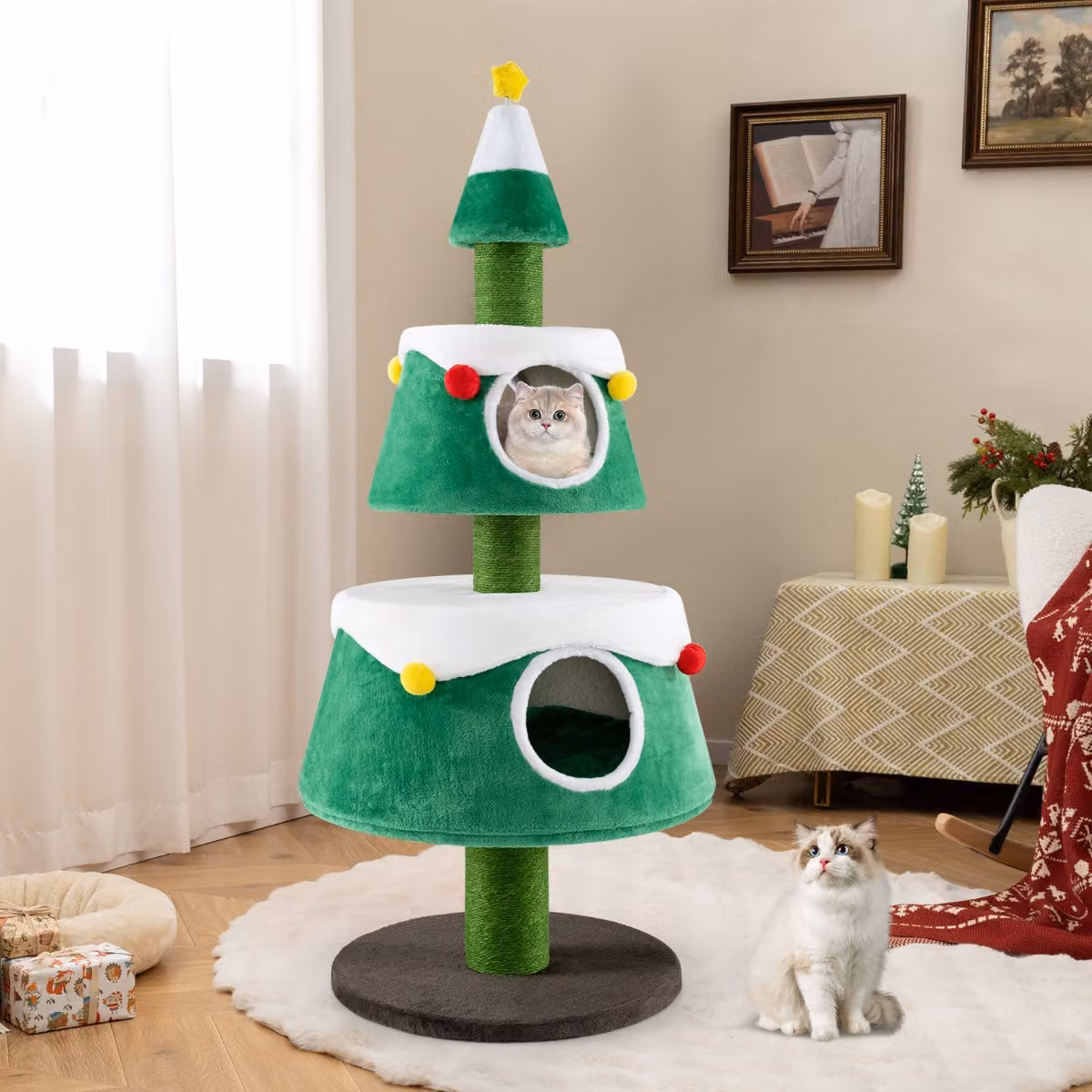 Tiragraffi per gatti a forma di albero di Natale Costway con 2 condomini in sisal e giocattoli integrati, Verde e Bianco