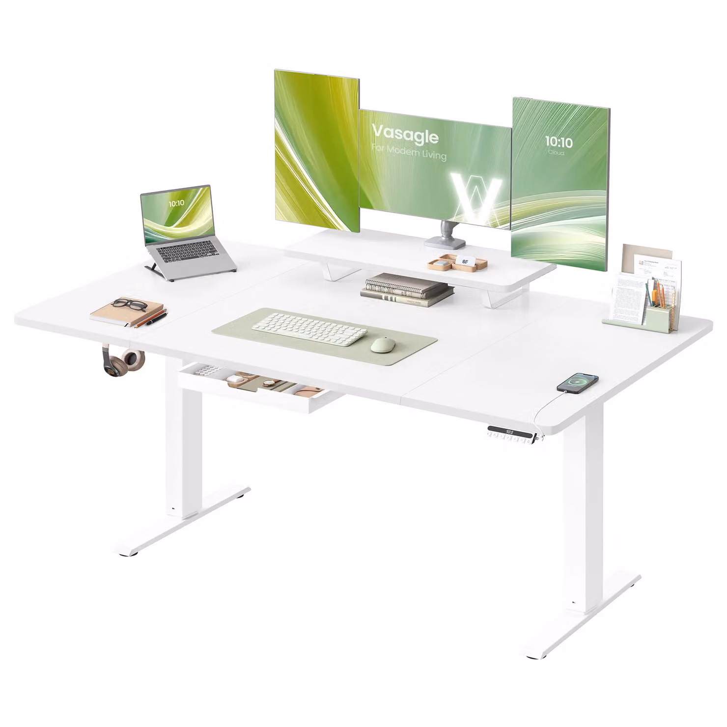 Scrivania elettrica regolabile con supporto monitor e USB, Bianco Nuvola / 160 x 80 cm