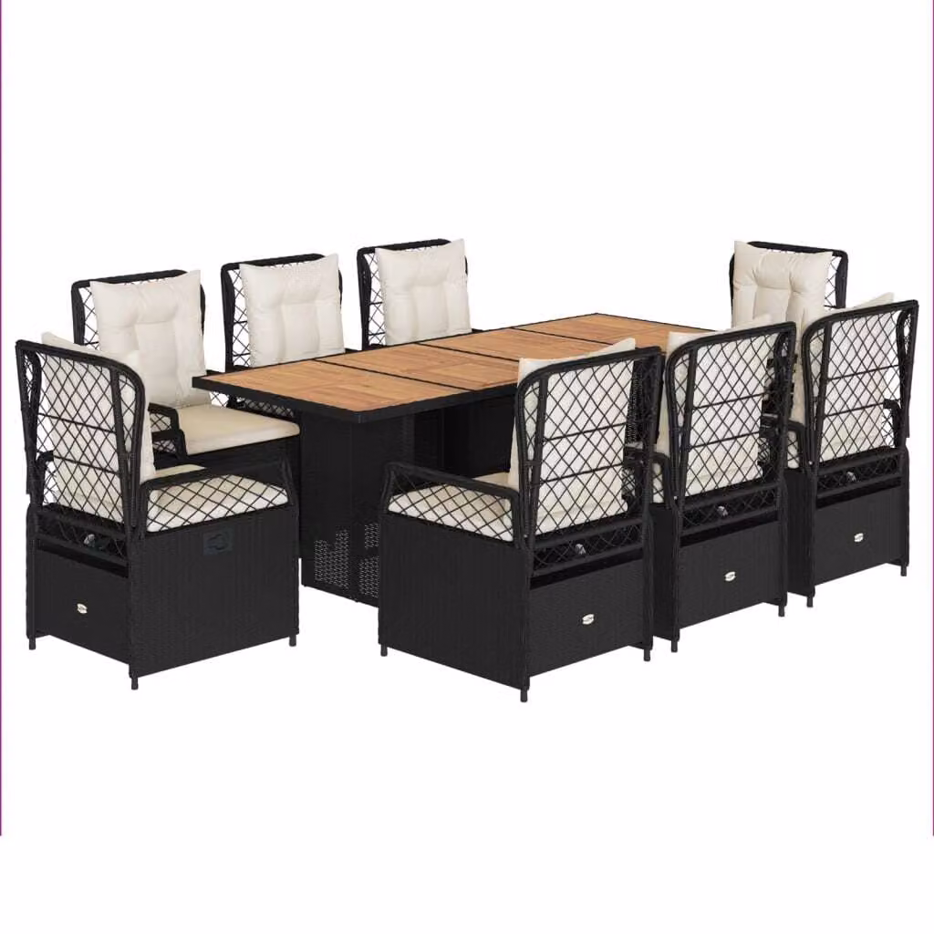 Set da Pranzo da Giardino 9 pz con Cuscini Nero in Polyrattan