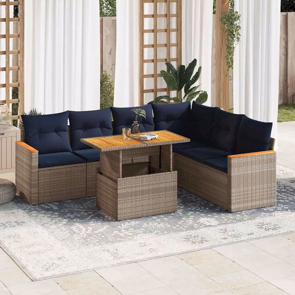 Set di divani da giardino vidaXL in polyrattan e legno di acacia oliato con cuscini grigi e blu, 7 pezzi