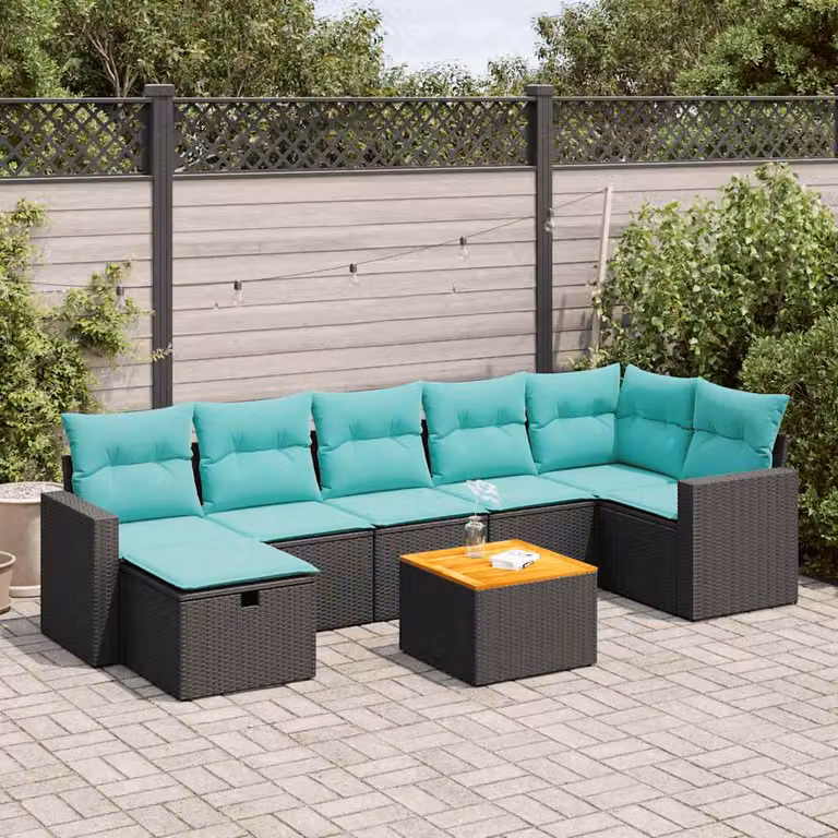 Set di divani da giardino vidaXL in polyrattan e legno di acacia oliato con 8 cuscini, colore nero