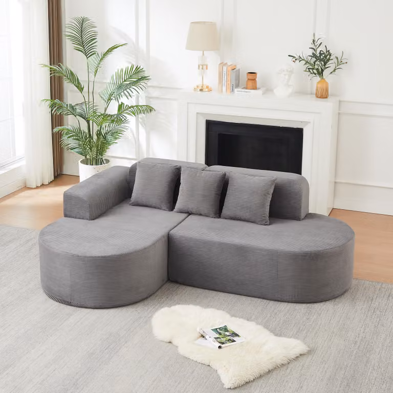 Divano modulare a forma di L, 220 cm, rivestito in corda, con schienali curvi, 3 cuscini, ideale per soggiorni e zone relax (grigio)