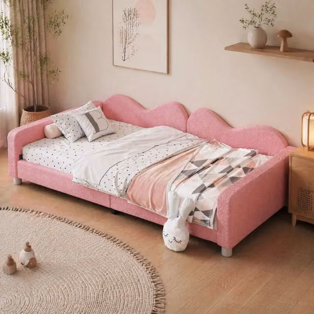 Letto per bambini 90x200 cm con struttura imbottita in tessuto orsetto rosa, letto multifunzionale con schienale e braccioli