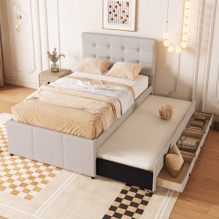 Letto imbottito Flieks 90x200cm letto singolo con sottoletto estraibile, letto in legno massiccio con rete a doghe e 3 cassetti, letto contenitore letto per ospiti letto da giorno, beige