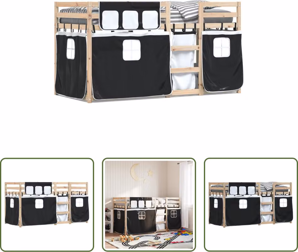 The Living Store Letto a castello con tende bianco nero 90x200 cm in legno di pino