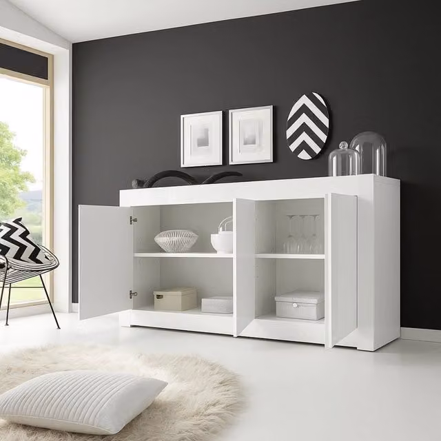 Madia Introbio DMORA, Credenza moderna con 2 ripiani, Bianco Lucido, L: 160 cm, P: 42 cm, H: 85.8 cm – 1