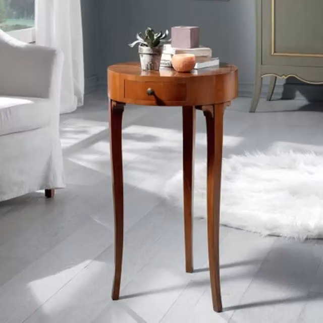 Tavolino in legno tondo 1 cassetto noce intarsiato misura diametro 41 h.71 - Mobili 2G