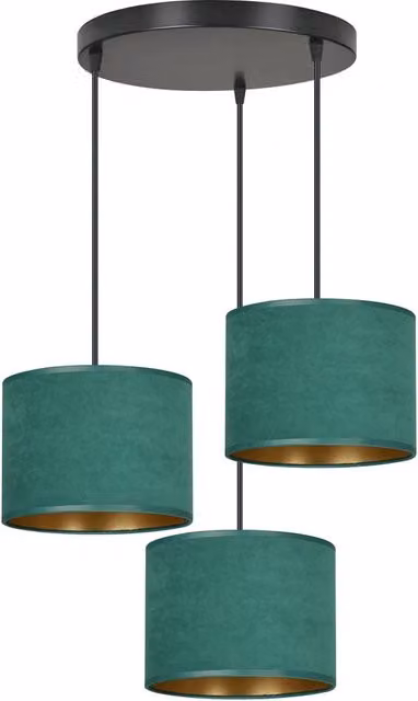 Lampadario Sospeso Tondo Vinayaka Luceart-Classic con 3 Luci in Metallo Nero, Dettagli Oro e Paralumi in Tessuto Verde – 1